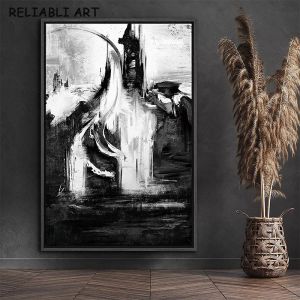黒と白の油絵の抽象的なポスターとプリントリビングルームのためのモダンキャンバスペインティングウォールアート