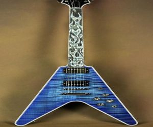 Super sällsynt Flamethrower Flying V Ultima Indigo Blue Flame Maple Top Electric Guitar White Pearloid Abalone Flame Inlay 2 Humbuc1090561