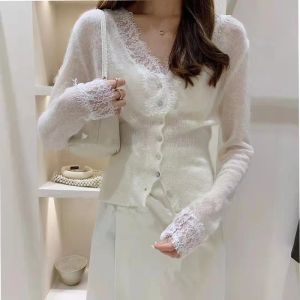 Dresses Limiguyue V Neck Knitted Sweater Cardigans French Fairy Lace Ing Women White Tops Sweet Slim Outer Wear Autumn Knitwear