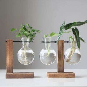 Vintage Glass Plant Bonsai Flower Vase Wood Tray Round Bulb Flower Plant Rack Desktop Fish Tank Wooden Frame Decoration