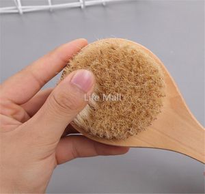 Dry Bath Body Brush Back Scrubber Antislip Kort trähandtag Naturliga borst Dusch EXFOLIATING MASSAGER DD6694141