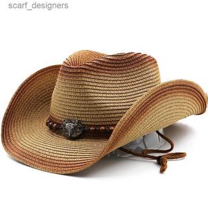 Chapéus de balde largos Chapéus de balde Novos homens chapéus de palha de cowboy verão feminino de jazz com cinto cáqui unissex oco de praia respirável vintage machies fedora chapéu y240409d6tc