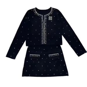 Women's o-neck knitted rhinestone logo embroidery sweater cardigan and a-line short skirt set 2 pc dress suit SML