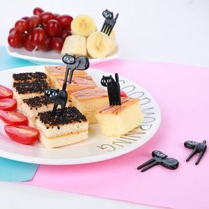 6 st/ställ in plastfruktdessertgaffel Återanvändbar svart kattform gaffel gabbeldel mellanmål för fest Köksverktyg Gadgets