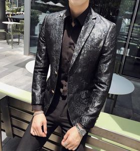 Mens Black Suit British Style Casual Suits For Men Leather Fabric Pattern Printing Actor Singer Singer Performing Men Suit Jacket7448584