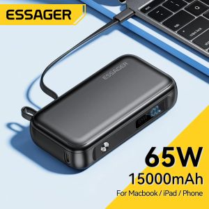 Chargers essager 15000mah Portable Bank с USB -кабелем Внешний запасной аккумулятор USB C для iPhone iPad Book 65W Fast Charger