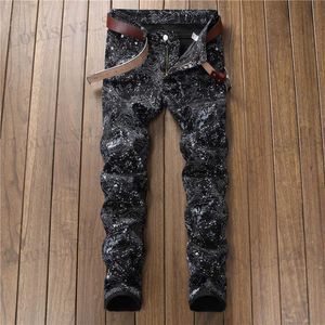 Jeans maschile New Fashion Spring Autumn Mens 3D jeans stampato Pantn Hombre Black White Nightclubs Young Skinny Biker Denim Trousers T240409