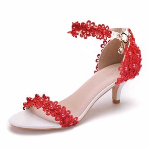 Dress Shoes Crystal Queen Women White Pearl Lace Wedding Female Fetish Strappy Stiletto Lady Summer Sexy Pumps 5cm High Heels Sandals H240409 8UX2