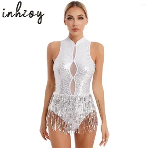 Sahne Wear Womens Sequins Pubsel Dans Tertenci Balo Salonu Performansı İçin Backless Fringed Bodysuit Modern Caz Latin Dans Kıyafetleri