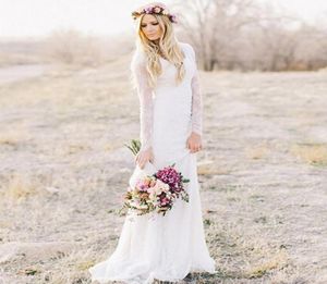 2019 Bohemian Lace Wedding Dress Gheath Vneck Long Sleeves Sweep Train Beach Garden Dresses Chic Bridal Dresses for Winter Fall Style2274998