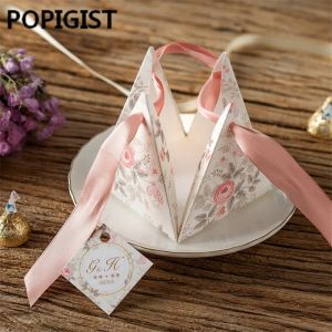 100st Creative Pink Floral Triangular Pyramid Wedding Gavors Candy Boxes Bomboniera Party Present Box Sugar Box