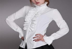 Kvinnor039s blusar skjortor mode viktorianska kvinnor ol kontor damer vit skjorta hög hals frilly ruffle manschetter kvinnlig blus1433971