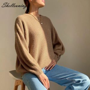Dresses Shellsuning Casual Solid Cashmere Knitted Pullover Women Loose Warm Long Sleeve Elegant Jumper Lady Simple Oneck Trendy Sweater