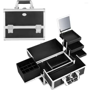 Förvaringslådor Makeup Train Case Organizer Box Professional Multi-Purpose Cosmetic With Gliding Trays Polish Slots