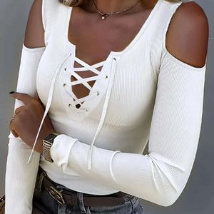 Sexy schlankes Kordelzug T-Shirt, europäische und amerikanische Schulter-Oben-, Frühlings- und Herbst-sorgfältiger Maschinen-Bottom-Hemd mit V-Ausschnitt mit V-Ausschnitt