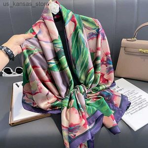 Lenços de luxo Marca de luxo 180x90cm Hijab Women Women Popular Print Silk Sconhe The Four Seasons Design Shawl Fashion Satin acabamento LRAGE Scarves240409