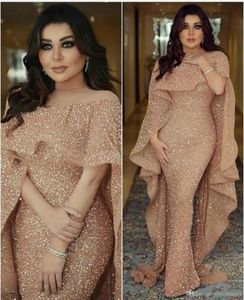 2020 Bling Mermaid Evening Gowns with Long Cape Glitter Glued Lace Illusion Arabic Middle East Custom Made Plus Size Trumpet Prom 2903165
