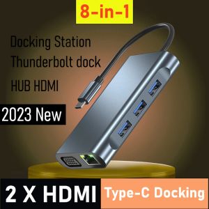 Hubs 2023 Yeni 8 In 1 Dizüstü Bilgisayar Aksesuarları MST HUB USB TYPEC Docking İstasyonu 2x HDMI Apple MacBook Mac Satechi Thunderbolt Dock HD