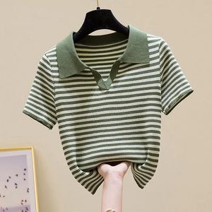 Tshirt Woman Polo Neck Shirts For Women Striped Short Sleeve Tee Tops Black Clothing Polyester Summer High Quality Trend V 240409