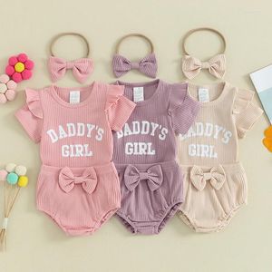 Kleidung Sets Säuglinge Baby Girls Sommer 3 -teilige Outfits Buchstaben Druck Rippen Kurzarm Strampler und Shorts Süßes Stirnband Set
