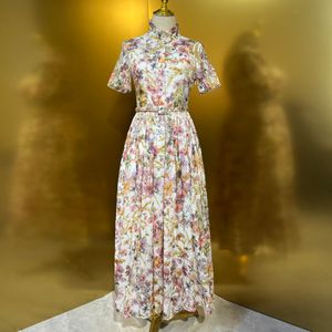 Womens Dress European Fashion band colorful floral printed cotton short sleeve gathered waist midi dress