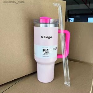 أكواب الفلامينو الوردي مع 1 1 40oz quencher H2.0 Tumbler Stefless Steel Travel Mu مع مقبض غطاء سيارة Straw Cup L49