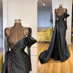 Elegant Evening Dresses High Collar Long Sleeves Lace Beads Satin Prom Gowns 2024 Custom Made High Side Split Special Occasion Wear