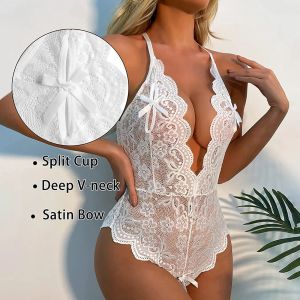 Women Sexy Lace Lingerie Hollow Bra Set Deep V Open Bra Porn Underwear Set Hot Sexy Transparent Bodysuit Dress