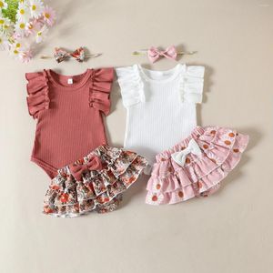 Kleidung Sets Mode Baby Girls Summer Outfit Rüschenhülse gerippte Strampler Blumen Culottes Stirnband 0-24 Monate