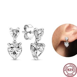 Hot Sale 925 Sterling Silver Wave Handmålad kärlek Hjärta Original Women's Double Heart Logo Earrings Wedding Diy Charm smycken