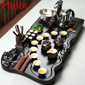 Decorative Figurines Tea Set Solid Wood Table Household Minimalist Ceremony Four-in-One Boiling Water Pitcher Tray