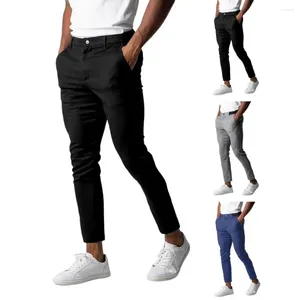 Calça masculina cor sólida elegante calça de negócios slim fit with slowets de fechamento da cintura elástica