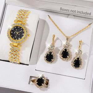 Wristwatches Womens Gold Watch Ring Necklace Earrings Bracelet Jewelry Set Diamond Fashion Wristwatch Starry Sky Dial Casual Quartz Watches