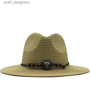 Wide Brim Hut Hucket Hut Heiße Sommer -Strohhut für Männer Frauen Sun Beach Hut Männer Jazz Panama Hats Fedora Weitkrempe Sonnenschutzmütze mit Ledergürtel Y240409