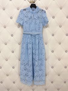 2024 New Designer Dress Blue Heavyweight Hollow Water Soluble Lace up Stand up Neck Waist Length Dress