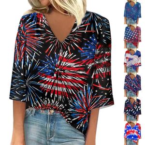 Women's Hoodies Loose T-Shirt Seven Sleeved V-Neck Independence Day Printed Casual Top Slim-Type Comfort Pullover Camisas E Blusas