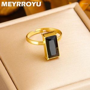 Clusterringe Meyrroyu Schwarzer Zirkon Inlay Square Simple Ring Fashion Grace 316L Edelstahl Helles Luxusschmuck für Frauen