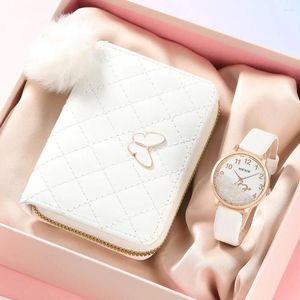 Wristwatches Women Simple Watch Fashion Leather Quartz Wallet Set Female Plush Ball Decoration Butterfly Montre Femme