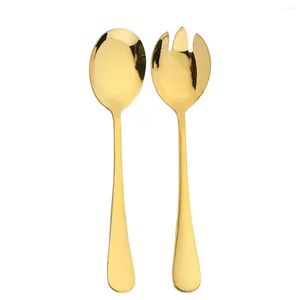 Servis uppsättningar 2st Gold Salad Spoon Fork Rostfritt stål Server Europeisk stilbesticksset Köksverktygstillbehör