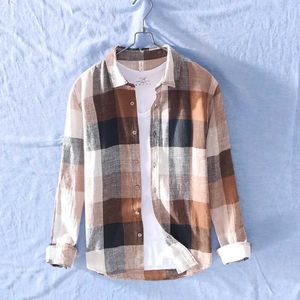 Men's Casual Shirts Cotton Linen Casual Plaid Shirts for Men Long Sleeve Tops Male Loose Turn-down Collar Fashion Clothing TrendsL2404