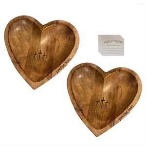 Bowls 2PCS Heart Prayer Bowl Wooden Religious Crucifix Rustic Home Centrepiece Decor Fruit Plate Kitchen Tableware Gift