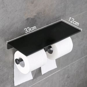 Tuqiu Paper Holder with Phone shelf DoubleToilet Paper roll Holder Nail Free Black Aluminum Double Paper Holder Tissue Boxes