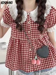 Dresses Kosahiki Red Plaid Blouse Women Kawaii Peter Pan Collar Lace Ruffle Shirt Japanese Girl Cute Puff Sleeve Vintage Tops Blusas