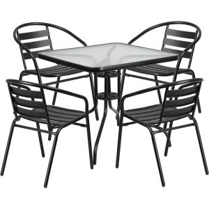 5-Piece Patio Dining Set With 31.5" Square Glass Metal Table and 4 Stackable Slat Back Chairs Garden Furniture Set Black Outdoor