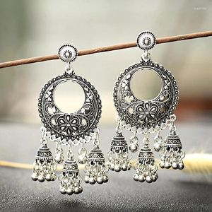 Kolczyki Dangle 2024 Srebrny kolor okrągły Egipt Vintage Jhumka Bells Tassel For Women Flower Classic Turkish Tribal Gypsy Biżuteria