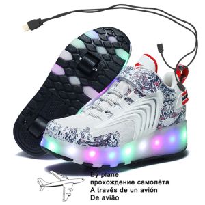 Sneakers ładowanie USB Czarne dwa koła Lumoinous Led Lekkie Rolety Roller Buty dla dzieci Buty LED Buty dla chłopców Buty Dziewczęce 3043