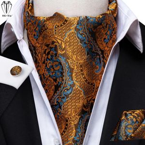 Hitie Orange Seidenmenschen Ascots Pocket Square Manschettenknöpfe Set Jacquard Floral Vintage Cravat Krawatte Schal für männliche Hochzeitsfeier Geschenk240409