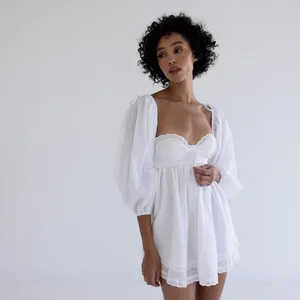 Vestidos casuais Mulheres Um vestido curto de vestido curto Summer Puff Sleeve Solid Color Mini Y2K Fairy Low Cut Fest Party Babydoll Streetwear