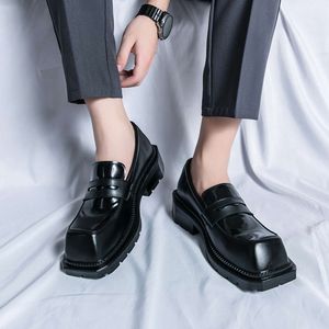 Men's Patent Leather Dress Banquet Casual Loafers Fashion Black Thick Square Head Social Slip-on Derby Shoes