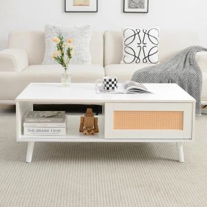 Coffee Table,with Storage,Wooden Center Table with Sliding PE Rattan Woven Door Panel and Solid Wood Legs,Coffee Tables